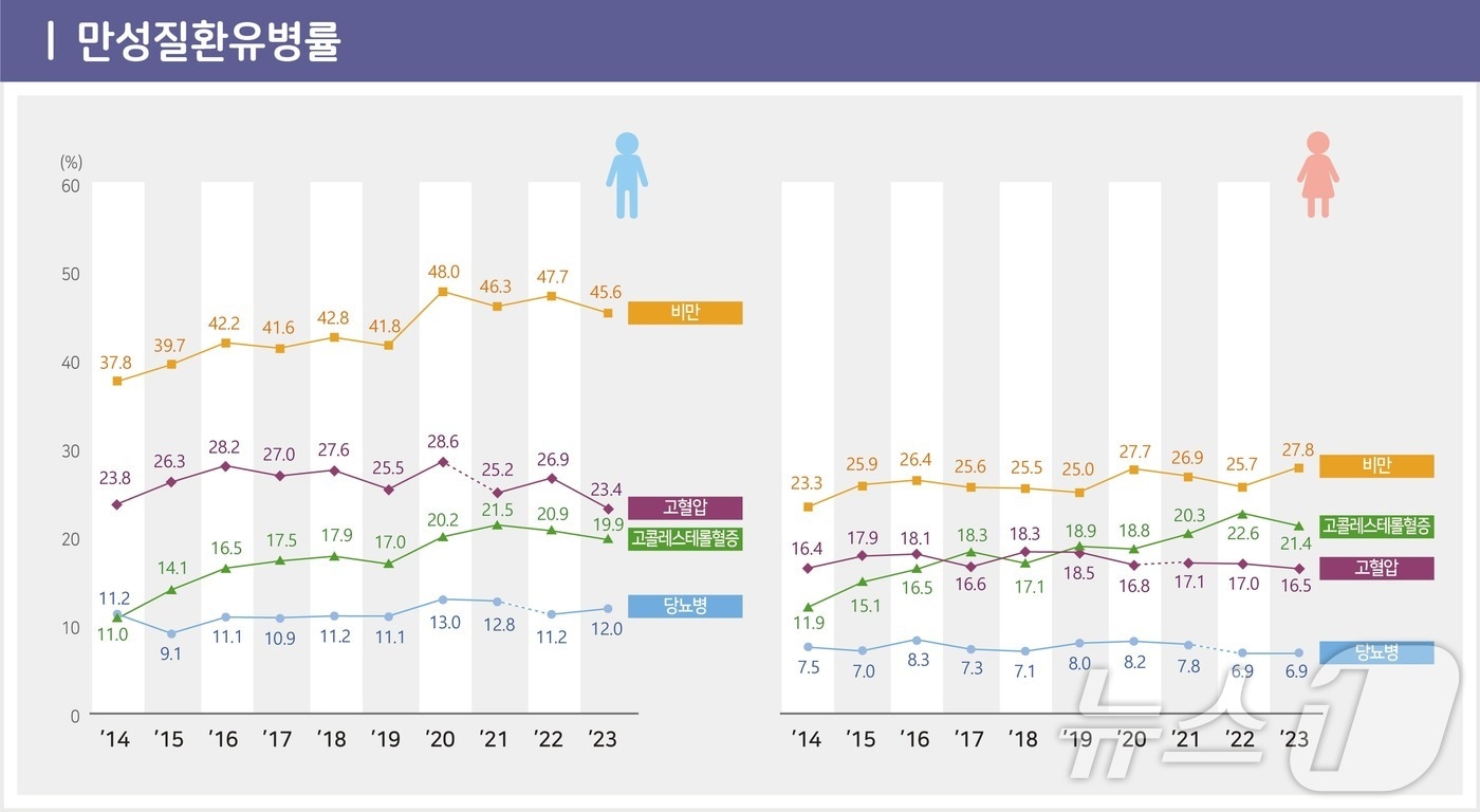 3050 남자 절반 '비만'…음주·흡연, 남성은 줄고 여성은 증가세 - 뉴스1