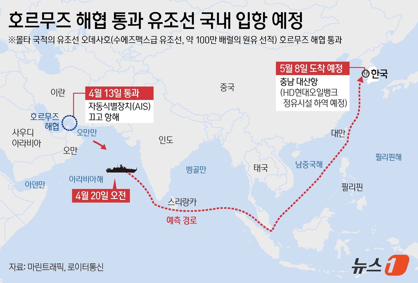 그래픽] 호르무즈 해협 통과 유조선 국내 입항 예정 - 뉴스1